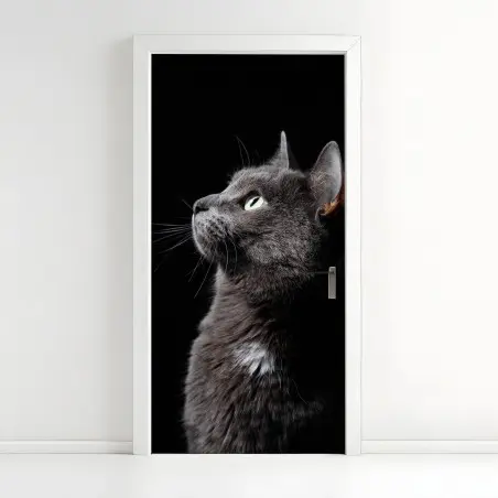 Sticker pour porte profil élégant du chat gris aux yeux verts – Wallnifity®