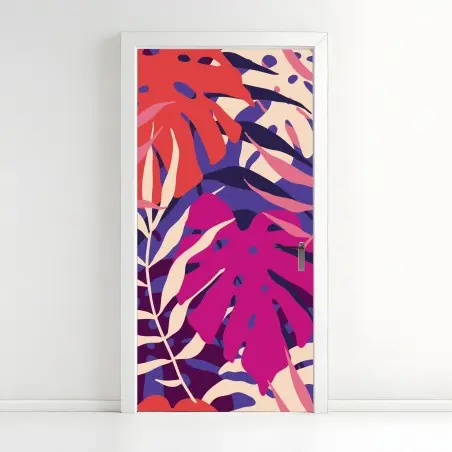 Sticker pour porte jungle rétro aux feuilles pastel – Wallnifity®