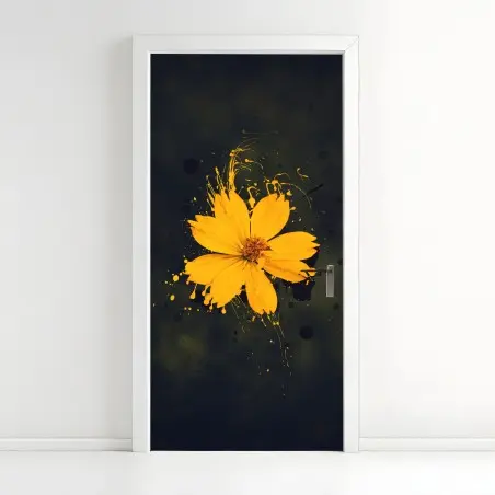 Sticker pour porte fleur jaune en éclaboussures sur fond sombre – Wallnifity®