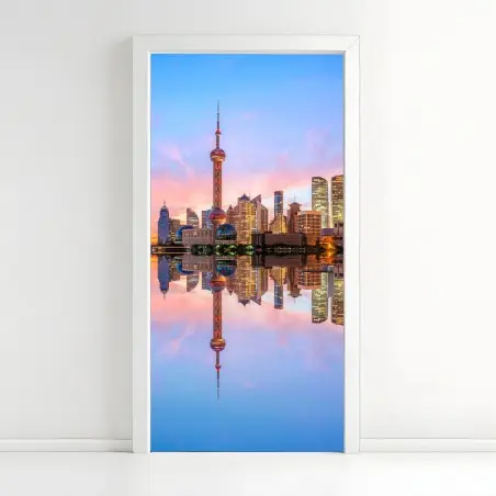 Sticker pour porte panorama urbain de Shanghai au lever du soleil – Wallnifity®