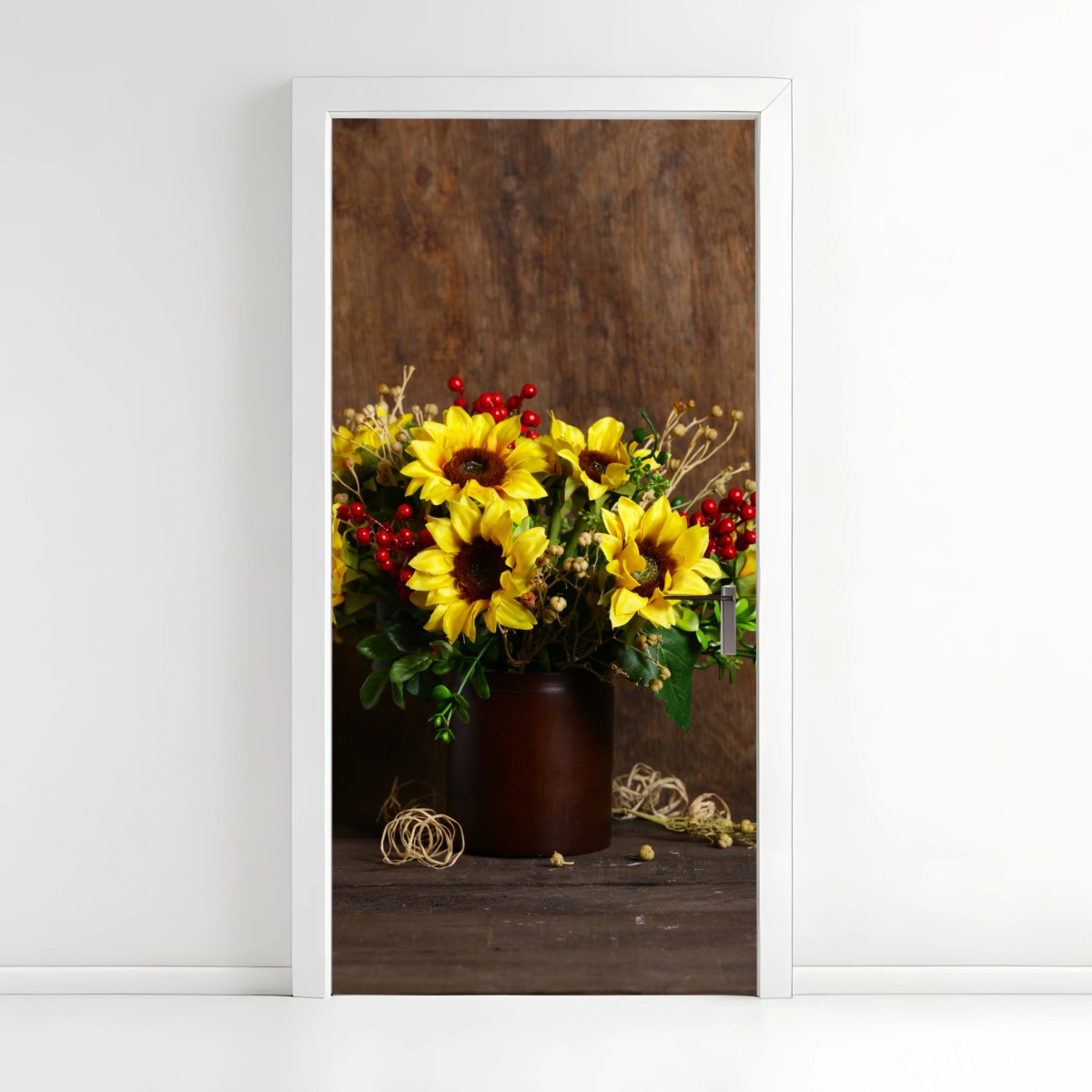 Sticker pour porte bouquet d'automne aux tournesols et baies rouges – Wallnifity®