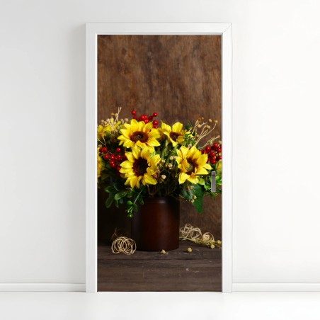 Sticker pour porte bouquet d'automne aux tournesols et baies rouges – Wallnifity®