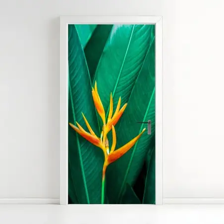 Sticker pour porte fleur tropicale orange sur feuillage vert – Wallnifity®