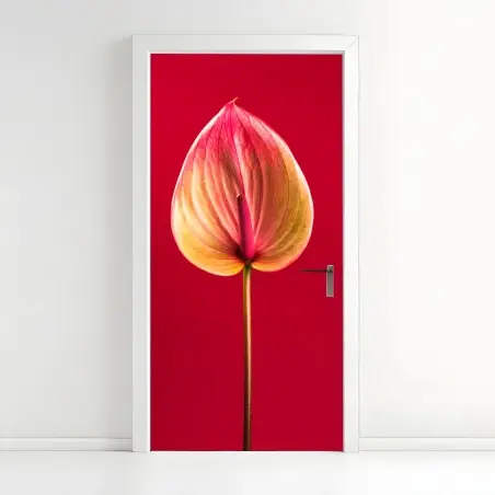 Sticker pour porte anthurium en gros plan sur fond rouge – Wallnifity®