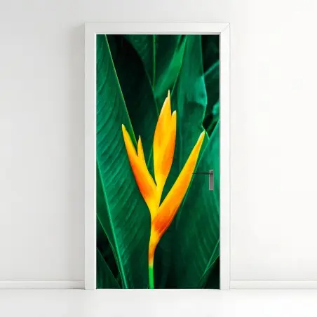 Sticker pour porte fleur tropicale orange sur feuillage vert – Wallnifity®