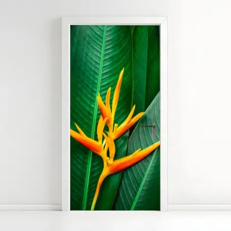 Sticker pour porte fleur tropicale oiseau de paradis sur feuillage vert – Wallnifity®