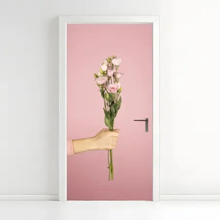 Sticker pour porte bouquet délicat de fleurs roses sur fond rose – Wallnifity®