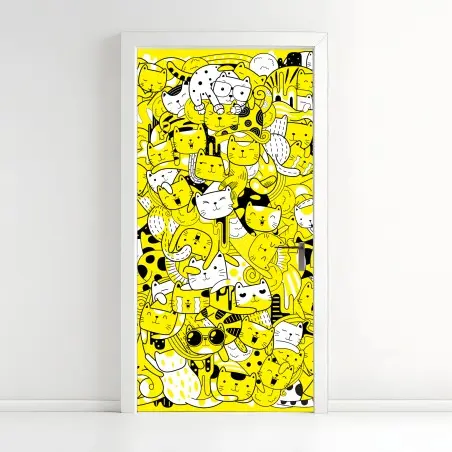 Sticker pour porte jungle de chats en jaune et noir – Wallnifity®