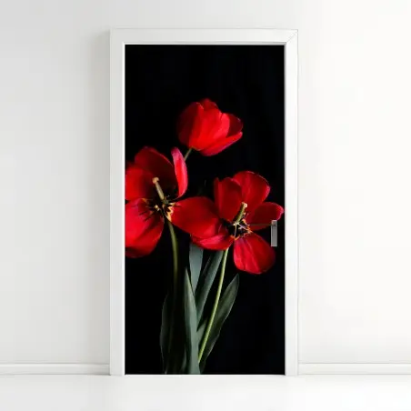 Sticker pour porte bouquet de tulipes rouges sur fond noir – Wallnifity®