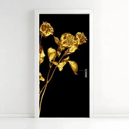 Sticker pour porte bouquet de roses dorées sur fond noir – Wallnifity®
