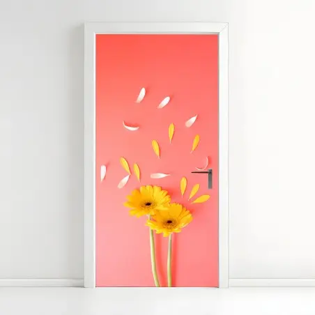 Sticker pour porte double gerbera jaune sur fond corail – Wallnifity®