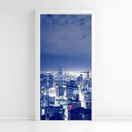 Sticker pour porte panorama nocturne de Chicago en lumières bleutées – Wallnifity®