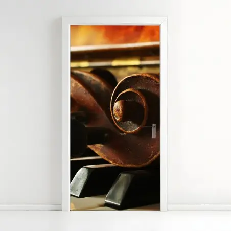 Sticker pour porte volute de violon sur touches de piano, ambiance musicale vintage – Wallnifity®