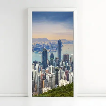 Sticker pour porte panorama urbain de Hong Kong au crépuscule – Wallnifity®