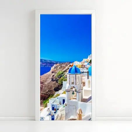 Sticker pour porte village aux dômes bleus de Santorin – Wallnifity®
