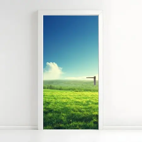 Sticker pour porte coucher de soleil printanier sur une prairie verdoyante – Wallnifity®