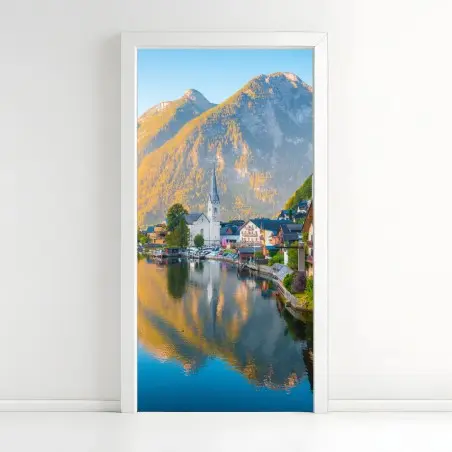 Sticker pour porte Hallstatt village lacustre alpin au lever du soleil – Wallnifity®