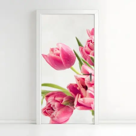 Sticker pour porte bouquet de tulipes roses sur fond clair – Wallnifity®