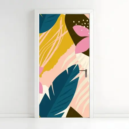 Sticker pour porte jardin tropical abstrait aux fleurs roses – Wallnifity®