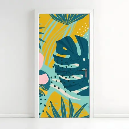 Sticker pour porte paradis tropical fleuri aux teintes vives – Wallnifity®