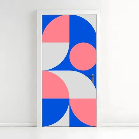 Sticker pour porte composition géométrique scandinave en bleu et rose – Wallnifity®