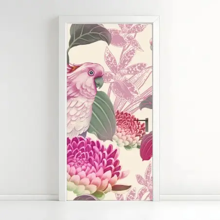 Sticker pour porte motif tropical élégant aux oiseaux et fleurs roses – Wallnifity®