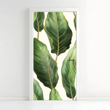 Sticker pour porte motif tropical de grandes feuilles vertes – Wallnifity®
