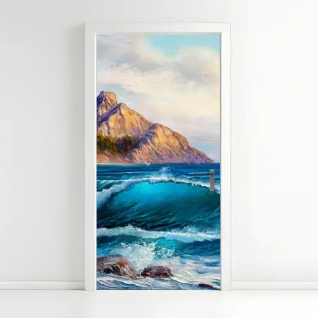 Sticker pour porte vagues turquoises et falaises dorées – Wallnifity®