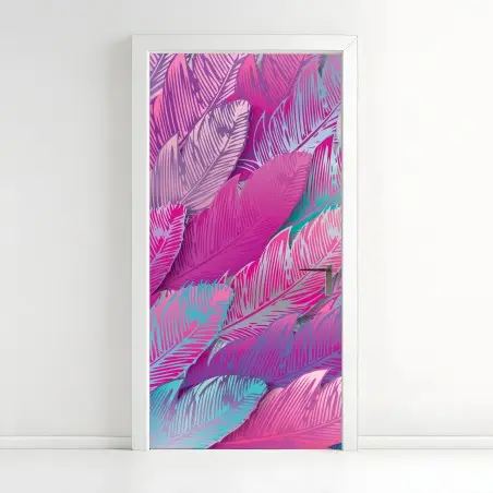 Sticker pour porte motif plumes irisées rose et turquoise – Wallnifity®