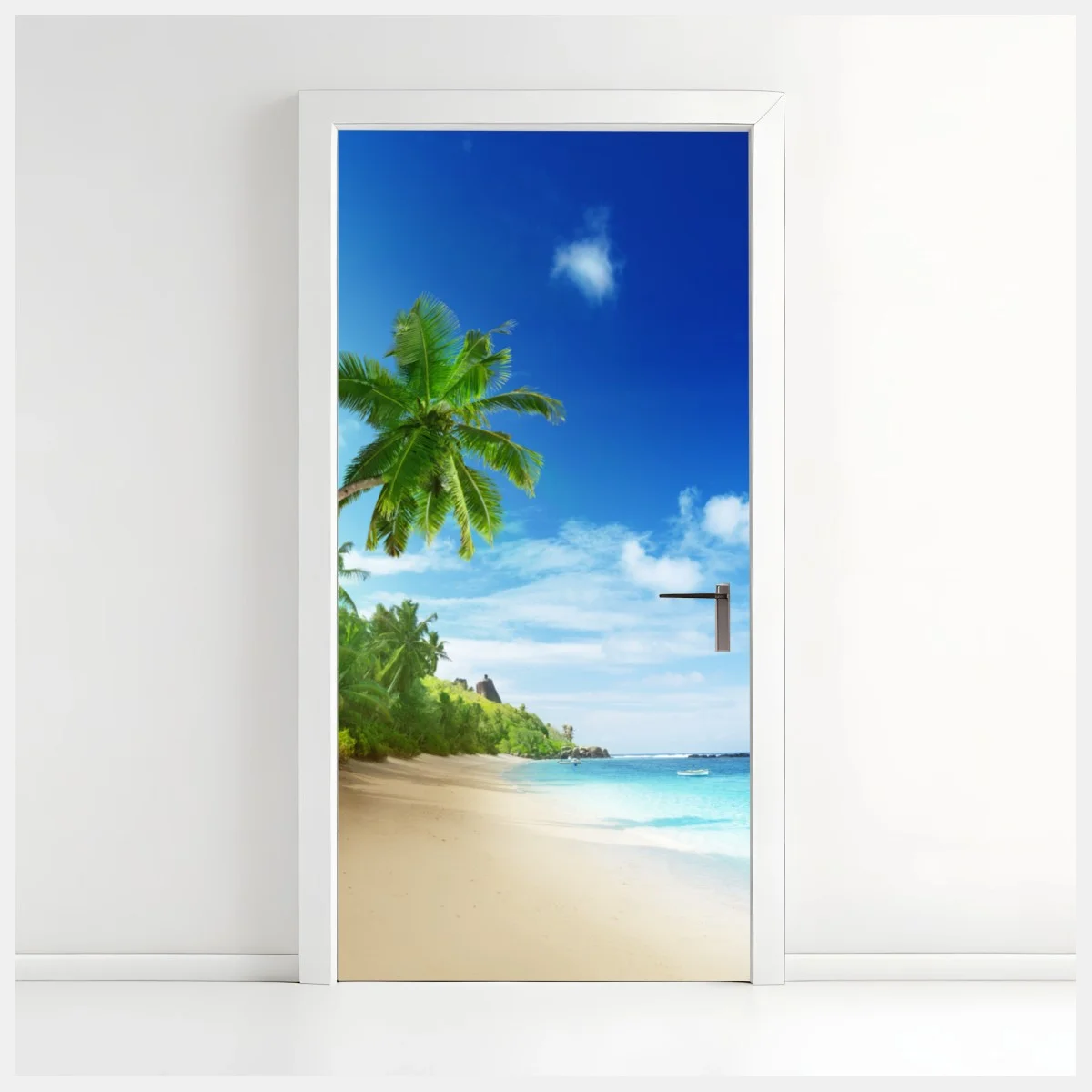 Sticker pour porte plage tropicale de Mahé au coucher du soleil – Wallnifity® Sticker pour porte plage tropicale de Mahé au coucher du soleil – Wallnifity®
