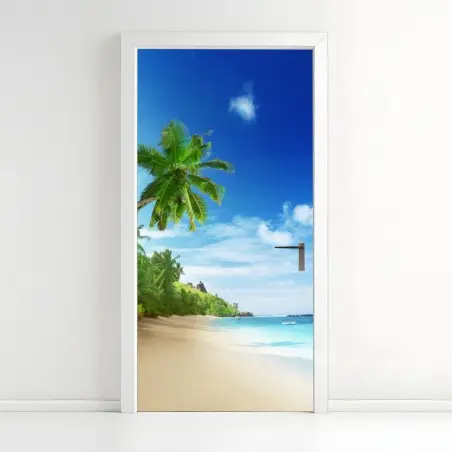 Sticker pour porte plage tropicale de Mahé au coucher du soleil – Wallnifity®