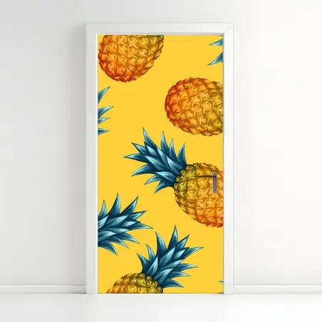 Sticker pour porte motif ananas tropicaux sur fond jaune – Wallnifity®