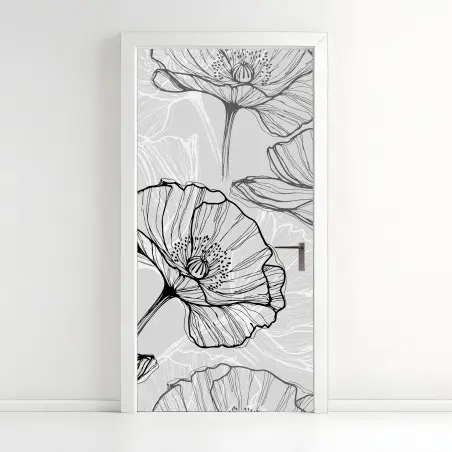Sticker pour porte motif pavots en dessin au trait noir et gris – Wallnifity®