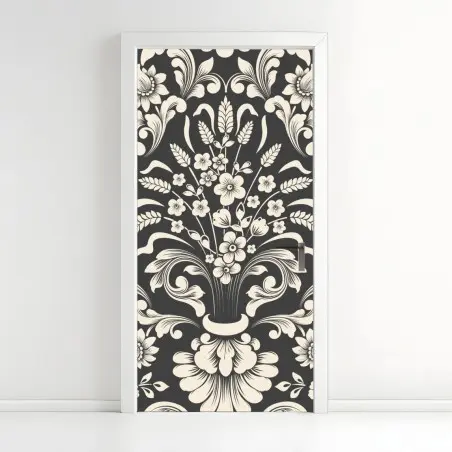 Sticker pour porte motif floral baroque élégant noir et crème – Wallnifity®