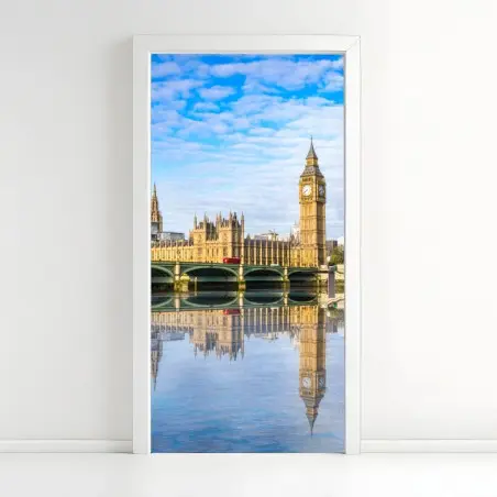 Sticker pour porte reflets matinaux de Big Ben et du Palais de Westminster à Londres sur la Tamise – Wallnifity®