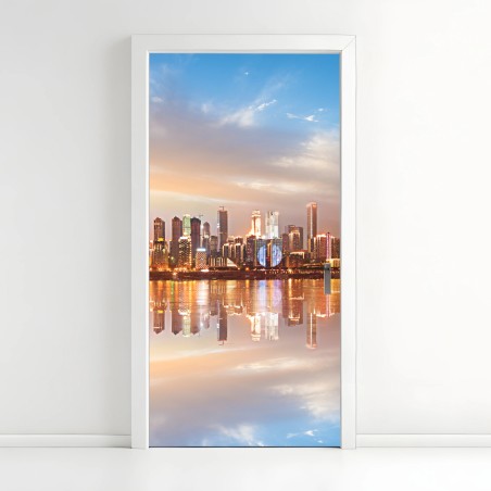 Sticker pour porte panorama urbain au coucher du soleil – Wallnifity®