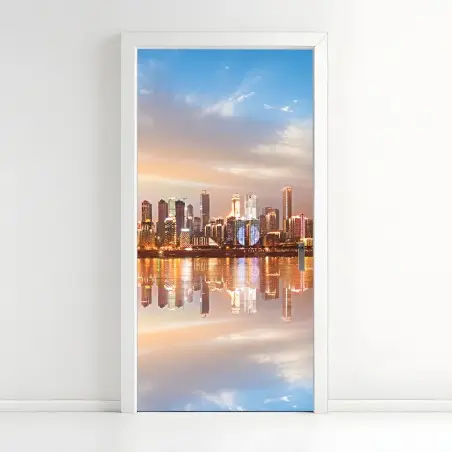 Sticker pour porte panorama urbain au coucher du soleil – Wallnifity®