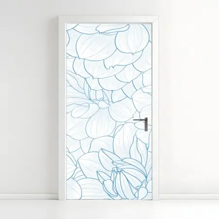 Sticker pour porte motif floral délicat en esquisse bleue – Wallnifity®