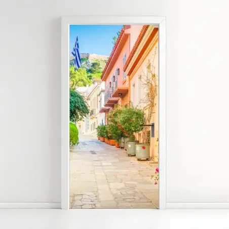 Sticker pour porte ruelle pittoresque d'Athènes aux bougainvilliers – Wallnifity®