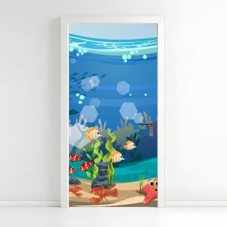 Sticker pour porte scène sous-marine colorée avec poissons et coraux – Wallnifity®