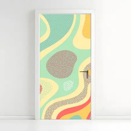 Sticker pour porte composition abstraite menthe et corail aux motifs organiques – Wallnifity®
