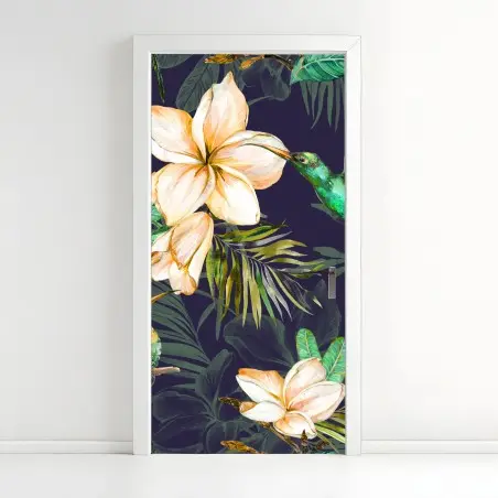 Sticker pour porte jardin tropical aux colibris et frangipaniers sur fond sombre – Wallnifity®
