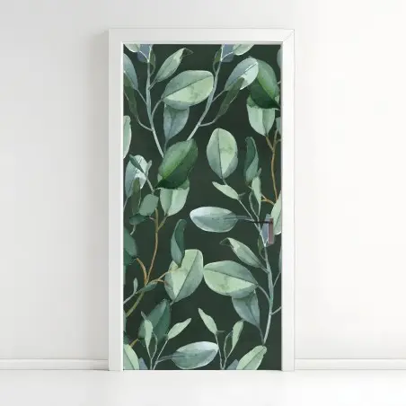 Sticker pour porte feuillage d'eucalyptus aquarelle sur fond vert profond – Wallnifity®