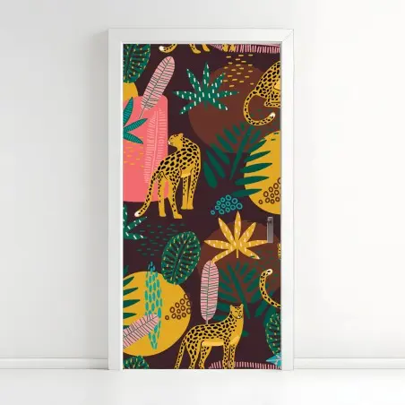 Sticker pour porte motif jungle aux léopards colorés – Wallnifity®