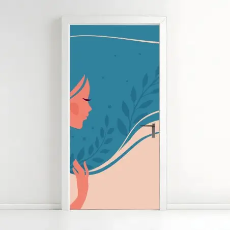 Sticker pour porte portrait féminin à la chevelure florale – Wallnifity®