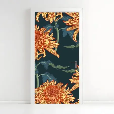 Sticker pour porte fleurs de chrysanthèmes orange sur fond bleu profond – Wallnifity®