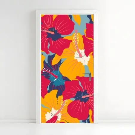 Sticker pour porte paradis tropical aux hibiscus rétro – Wallnifity®
