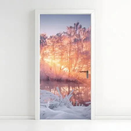 Sticker pour porte aube hivernale au bord du lac – Wallnifity®