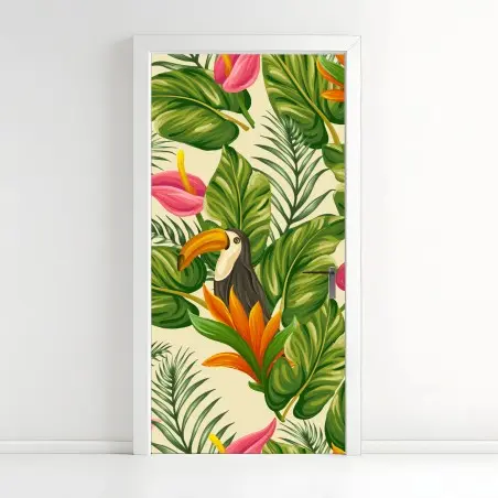 Sticker pour porte motif jungle tropicale au toucan et feuillages – Wallnifity®