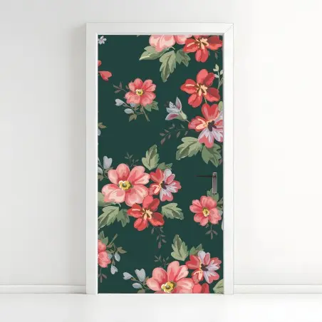 Sticker pour porte motif floral romantique sur fond vert profond – Wallnifity®